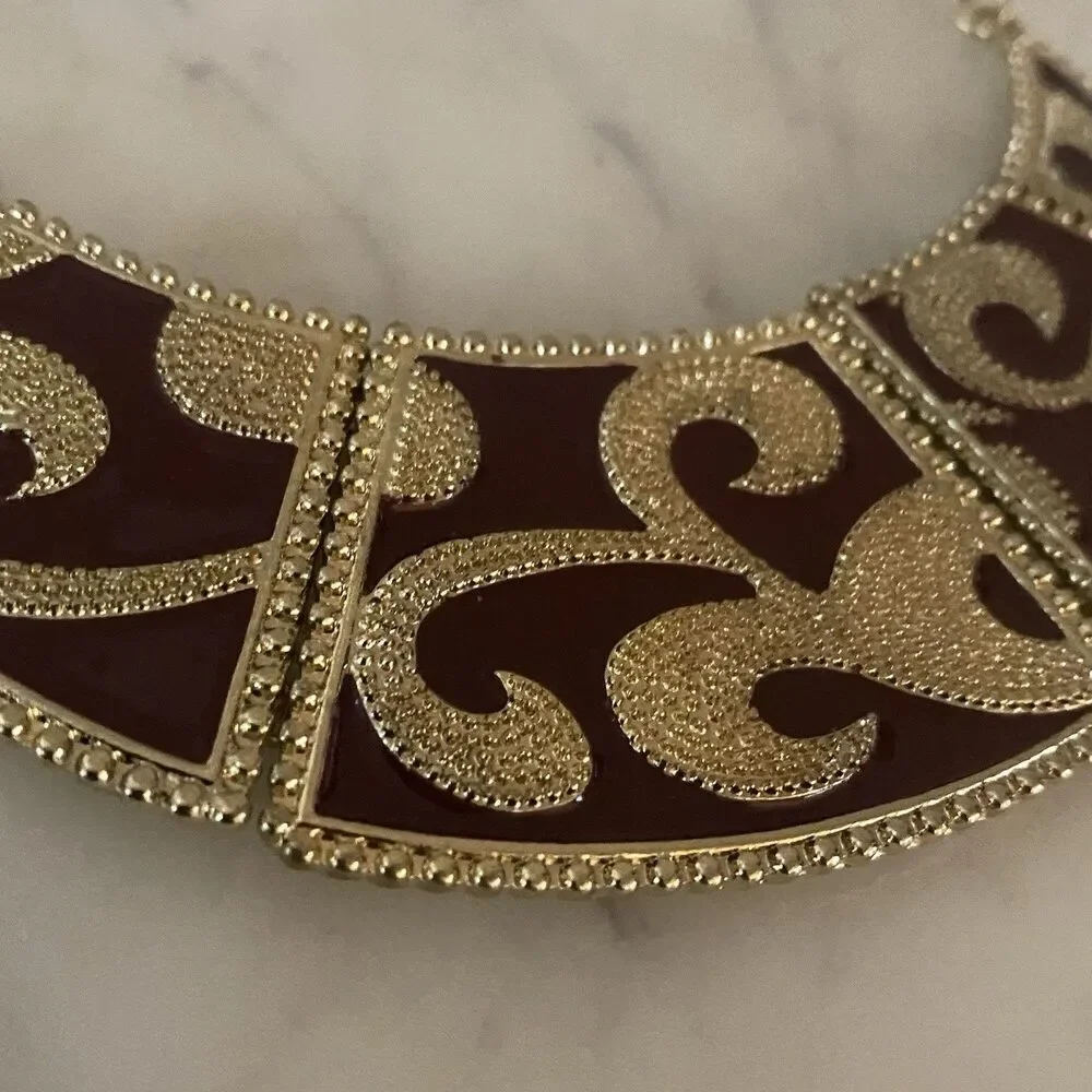 Vtg Mirabella Burgandy Enamel Egyptian Revival Earrings Bib Necklace Panel 16”